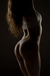© vladimirfloyd - Side view silhouette showing woman's toned body in white underwear, focusing on curves and athletic physique with dramatic rim lighting against dark background