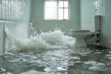 Bathroom floor is flooded with splashing water near a white toilet. Use this to illustrate plumbing issues, disaster recovery, or home emergencies.
