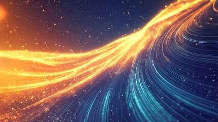 Poster - Abstract Cosmic Stream of Light and Energy, Celestial Waves of Golden and Blue Particles, Digital Art, Futuristic Background, Glowing Nebula