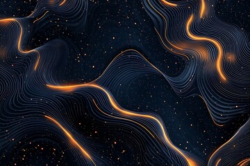 Poster - Abstract Dark Blue and Orange Wave Pattern with Glowing Lines and Sparkling Particles