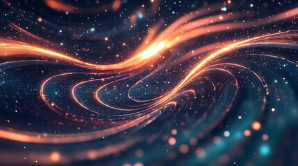 Poster - Abstract swirling cosmic nebula with glowing orange and teal lights, glittering stardust, and dark space background