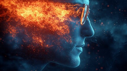 Wall Mural - a man with glasses on his head with fire coming out of his head