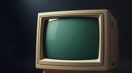 Vintage personal computer crt monitor displaying green screen on dark background