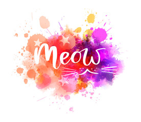 Wall Mural - meow - handwritten modern calligraphy lettering on abstract watercolor paint splash background.