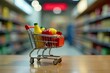 © Pimchada - Miniature shopping cart filled with tiny groceries, white background, groceries, isolated