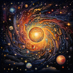 Wall Mural - Artistic depiction of a swirling galaxy with planets and stars in a colorful cosmic scene