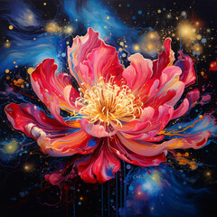 Wall Mural - Artistic rendering of a vibrant pink flower with a yellow center against a dark cosmic background
