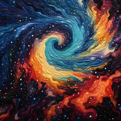 Wall Mural - Artistic depiction of a swirling galaxy with stars in shades of blue orange and red tones style painting