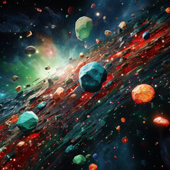 Wall Mural - A colorful depiction of an asteroid field with various sized rocks in a cosmic setting of space