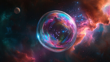 Wall Mural - A nebula with a colorful bubble sphere and a small planet in the dark space background view of cosmos