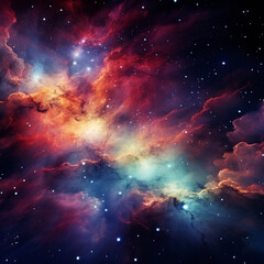 Wall Mural - A vibrant nebula with swirling clouds of red orange blue and white against a starry night sky view