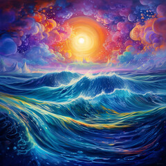 Wall Mural - A vibrant painting of ocean waves under a colorful sky with a bright sun and distant mountains