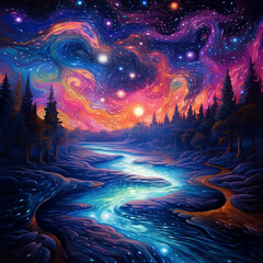 Wall Mural - A vibrant river flows under a colorful starry sky surrounded by silhouetted trees at twilight