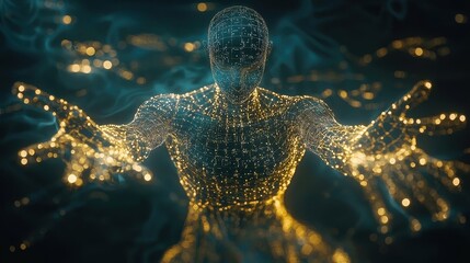 Wall Mural - digital godlike ai entity forming with glowing text and patterns