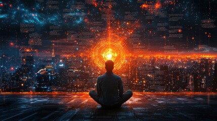 Wall Mural - Digital Storyteller Surrounded by Floating Text and Cityscape