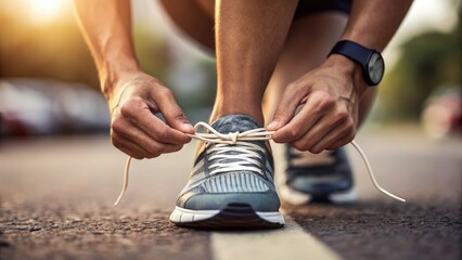  Weight management concept. A person tying their running shoes on a road, preparing for exercise.