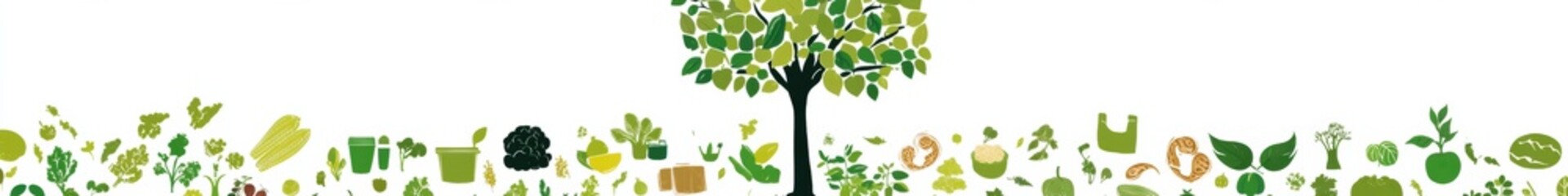 Poster - Conceptual tree emerging from a grocery bag symbolizes sustainable food practices with eco-friendly elements