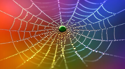Dew-covered spiderweb with colorful background.