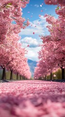 Wall Mural - Serene Cherry Blossom Pathway Under Blue Sky with Falling Petals