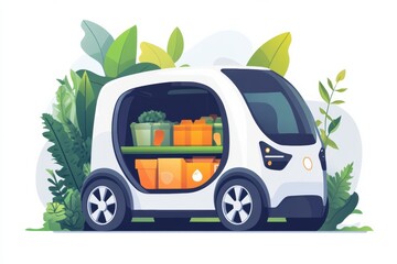 Poster - Futuristic eco-friendly delivery vehicle transporting groceries in a lush urban environment during the day