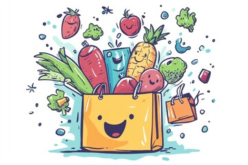 Poster - Colorful cartoon groceries joyfully jumping into a shopping bag with cheerful expressions in a bright and playful setting