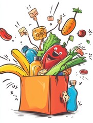Aufkleber - Groceries joyfully jumping into a shopping bag, bringing color and cheerfulness to any market setting