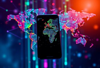 global network data streams visualized on smartphone screen, results, seo