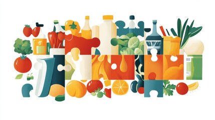 Aufkleber - Colorful groceries forming a puzzle representing a wholesome shopping experience in a vibrant and modern style