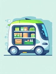 Poster - Futuristic eco-friendly delivery car transports grocery orders in a vibrant, modern style set in a bright urban environment