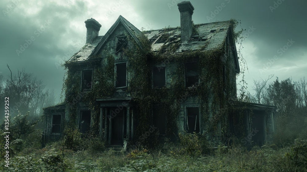 Old, abandoned house is covered in vines with a dark, stormy sky. Good ...