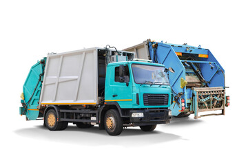 Fototapete - Two garbage trucks isolated for design, preparing to pick up trash in the city. Removal of household and industrial waste.