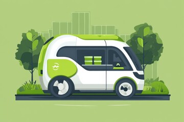Poster - Futuristic eco-friendly delivery vehicle transporting groceries through a modern urban landscape with lush greenery