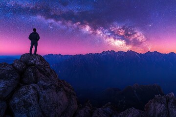 Wall Mural - Milky Way arch and man on top of mountain on starry night. Silhouette of lonely guy, pink sky with bright stars in summer