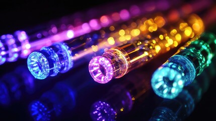Poster - A close-up of fiber optic cables transmitting data, glowing brightly with vibrant colors, symbolizing high-speed communication.