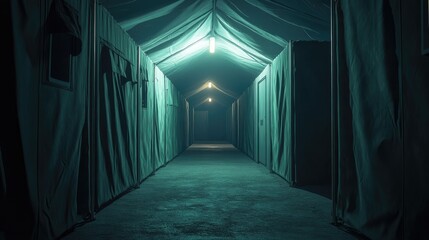 Poster - A dark, atmospheric military tent corridor at night, lit by ambient light, representing a quiet and strategic military environment.