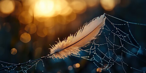Wall Mural - Delicate Trap: Feather Entangled in Spiderweb, A Moment of Fragile Beauty
