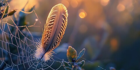 Wall Mural - Feathered Fate: A Delicate Quill Entangled in a Spider's Web.
