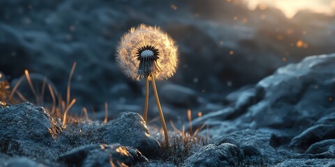 Wall Mural - Frozen Morning: Dandelions in a Rocky World of Winter's Embrace.
