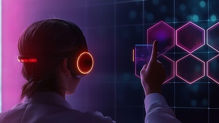 Woman Using Virtual Reality Headset to Interact with Digital Hexagonal Interface in Futuristic Setting