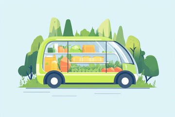Poster - Futuristic eco-friendly delivery car transporting groceries in a vibrant, sustainable urban environment