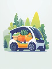 Poster - Futuristic eco-friendly delivery vehicle transporting groceries in a clean modern design set against a vibrant nature backdrop