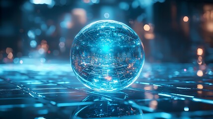 Futuristic glowing orb on digital surface.