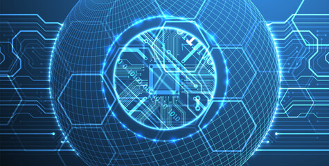 Fototapete - Abstract image of a computer chip in the middle of a wireframe sphere on a blue gradient. Vector