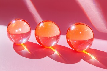 Wall Mural - translucent red glass spheres on a pink background create captivating shadows and reflections adding