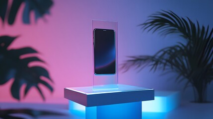62. A tall acrylic podium with integrated backlighting, displaying a sleek new smartphone model