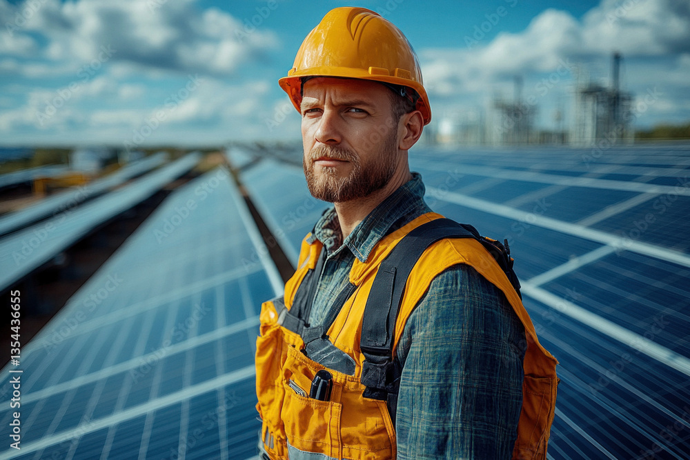 Male worker on solar farm with hard hat and safety vest Stock Photo ...