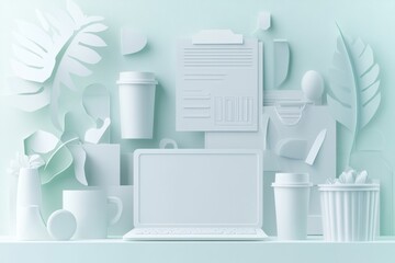 Poster - Professional paper art background featuring office elements in a clean and layered 3D design with a calming color palette