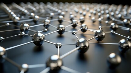 Abstract network of interconnected metallic spheres on a dark background