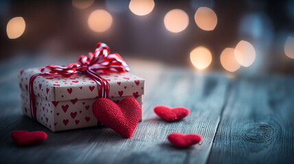 Valentine's day present with heart pattern wrapping and red hearts on a wooden surface with bokeh lights