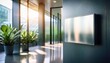 © Olga Gorkun - Modern office hallway with sunlight streaming through windows, indoor plants, and a sleek TV mounted on the textured wall